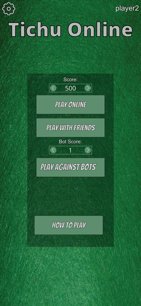 Tichu online and offline - Tichu Online main menu with buttons for online play with friends or against bots