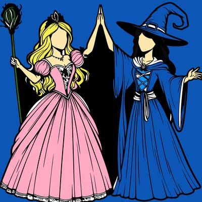 detailed realistic split of a princess and a witch