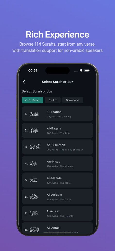 Halaqa: Quran & Dhikr Together - Smartphone screen showing the Halaqa app Quran surah selection list in dark mode