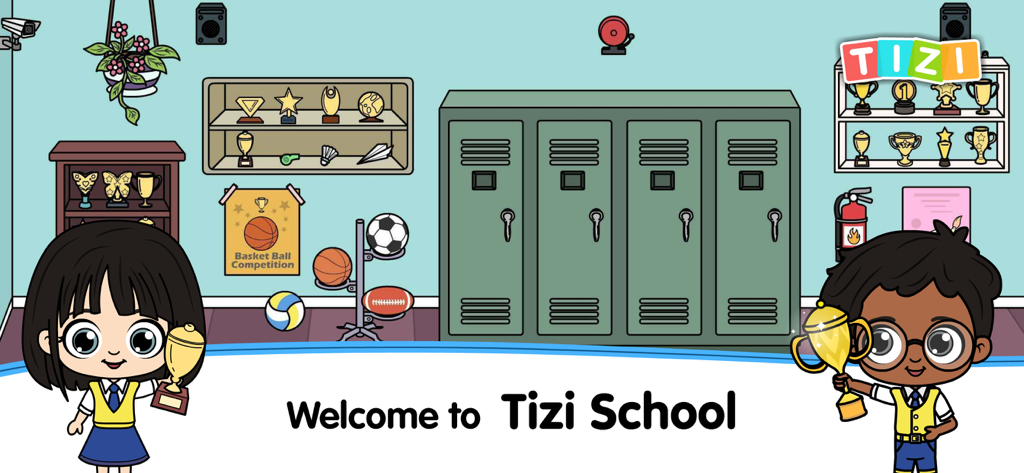 My Tizi School Cafe World Game - Two students in uniforms holding gold trophies in front of school lockers and sports equipment