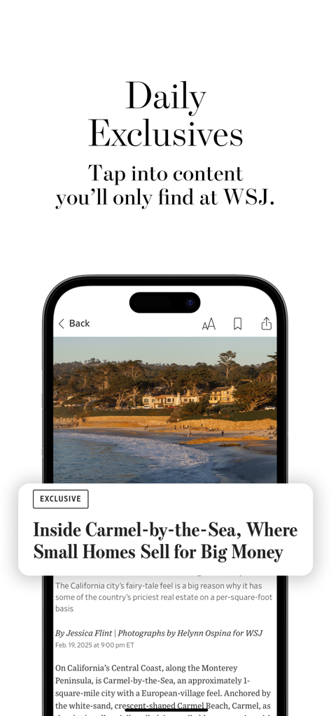 The Wall Street Journal app displaying an exclusive news article about luxury real estate.