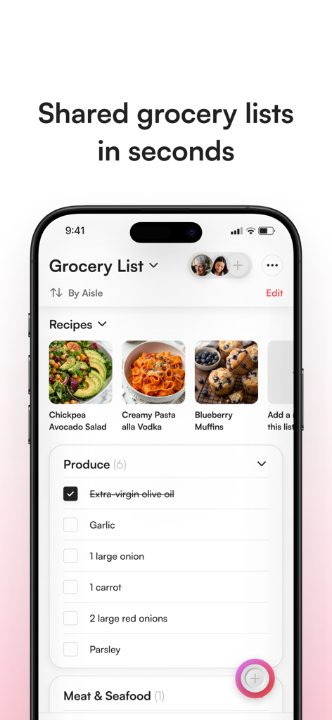 Osta: Save & Share Recipes - Osta 앱 인터페이스, 농산물 체크리스트와 레시피 이미지가 있는 공유 식료품 목록 표시