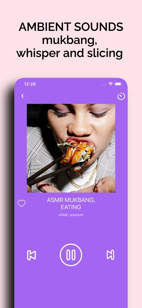 Asmr sounds: eating, mukbang - Smartphone screen showing the audio player of an ASMR app with a mukbang eating trigger