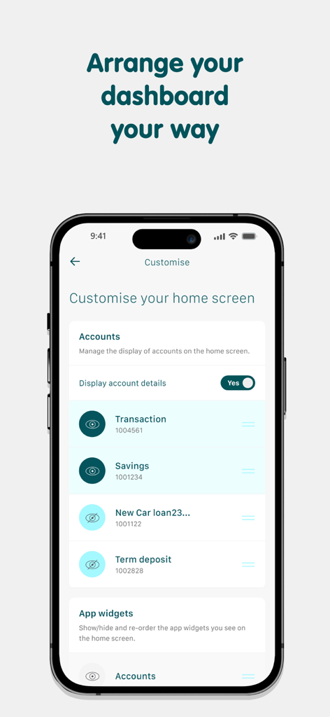 TMBank - A mobile phone showing the TMBank app interface to customize and arrange the dashboard accounts and widgets