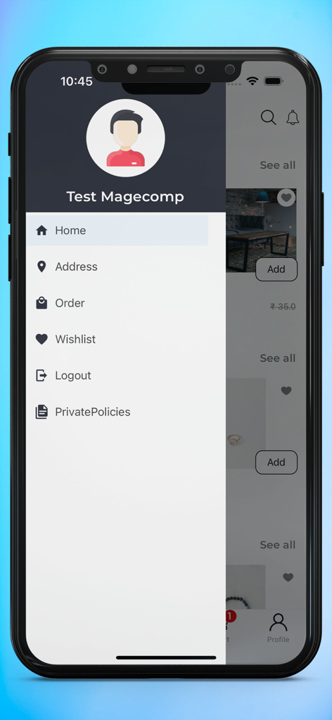Mobile App Builder for Shopify - ユーザープロフィールとアカウントオプションを表示するShopifyモバイルアプリのサイドナビゲーションメニュー