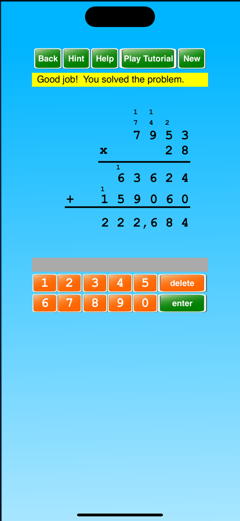 Long Division & Multiplication - Interface of a math app showing a step by step solution for a multi digit multiplication problem