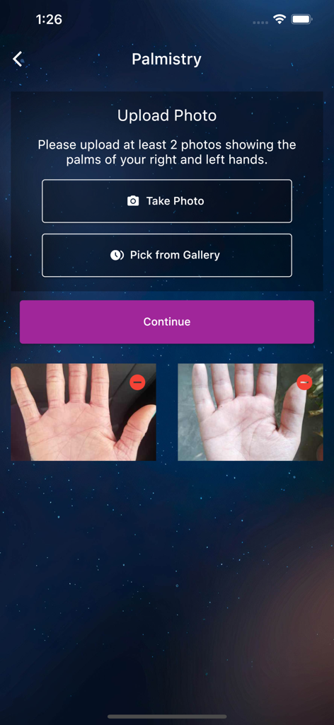User interface of the Falyolu app showing two uploaded palm photos for a palmistry reading with options to take a photo or pick from gallery