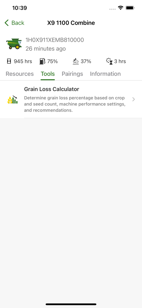 Aplicativo Equipamento Móvel John Deere mostrando a ferramenta de cálculo de perda de grãos para uma Colheitadeira X9 1100