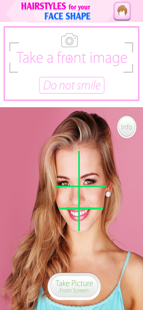 A woman's face with a green alignment grid for detecting face shape in a hairstyle app