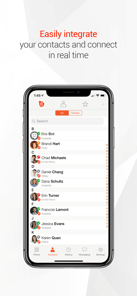 Integrated contact list and real-time presence status in the Bria softphone app.
