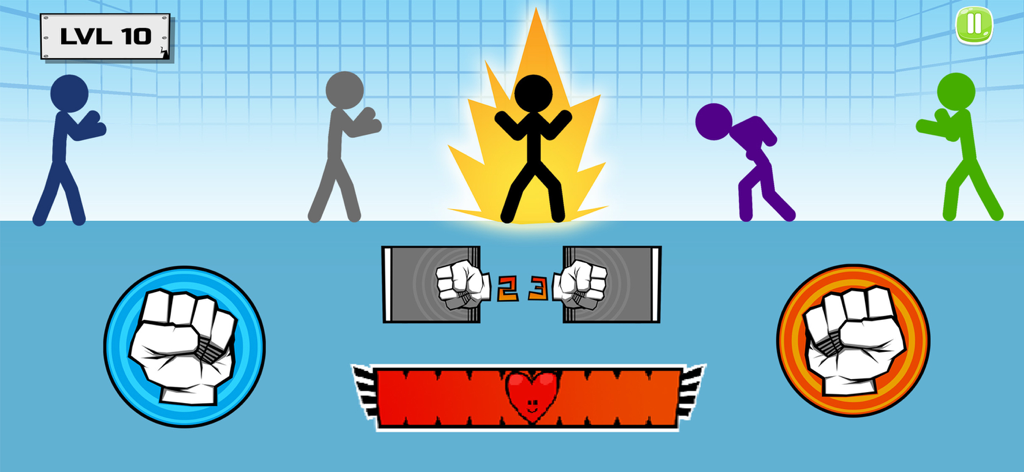 Stickman fighter : Epic battle - A black stickman character powering up with yellow energy while fighting multiple enemies in a level ten arena