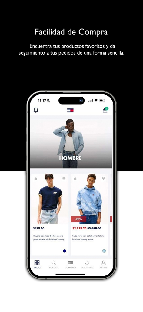 Tommy Hilfiger - Ropa en Línea - Tommy Hilfiger mobile app interface displaying mens clothing with prices and discounts