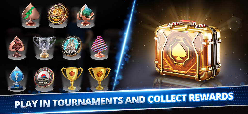 Poker Royale: Holdem, Omaha - A collection of poker tournament trophies and a glowing golden reward briefcase.