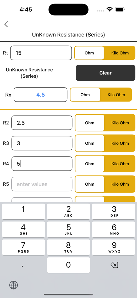 Electrical Calculator lite - Interfaz de la aplicación Calculadora Eléctrica Lite mostrando el cálculo de resistencia desconocida en un circuito en serie.