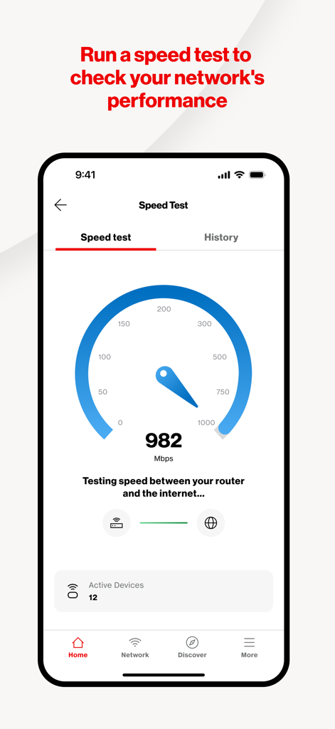 Tela de teste de velocidade do aplicativo Verizon Home mostrando resultados de Internet de alto desempenho