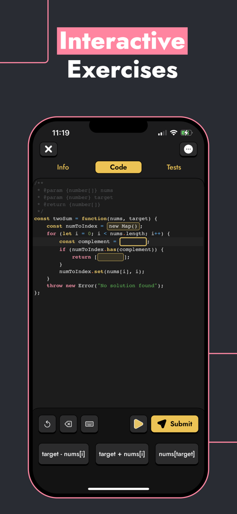 Learn & Code: CodenQuest - CodenQuest mobile app screen showing an interactive JavaScript coding challenge with a code editor and fill-in-the-blank options.