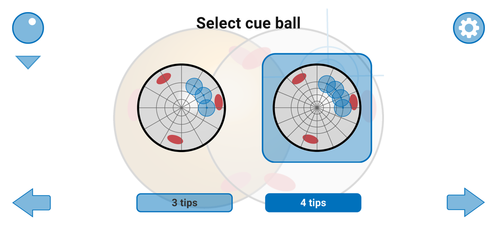Billiards Aiming Assistant - Interface for selecting three or four cue ball spin tips in the Billiards Aiming Assistant app