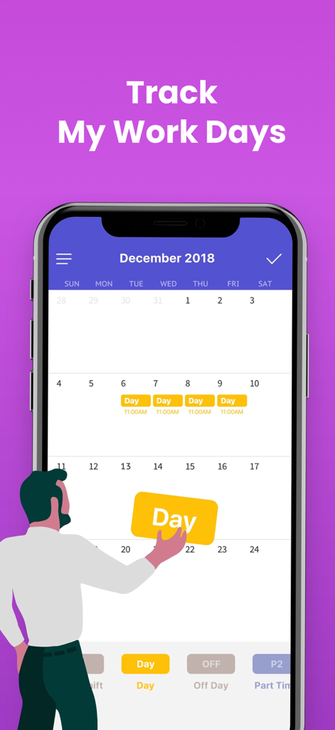 Mobile App-Oberfläche mit einem monatlichen Arbeitskalender mit farblich gekennzeichneten Schichtzuweisungen.