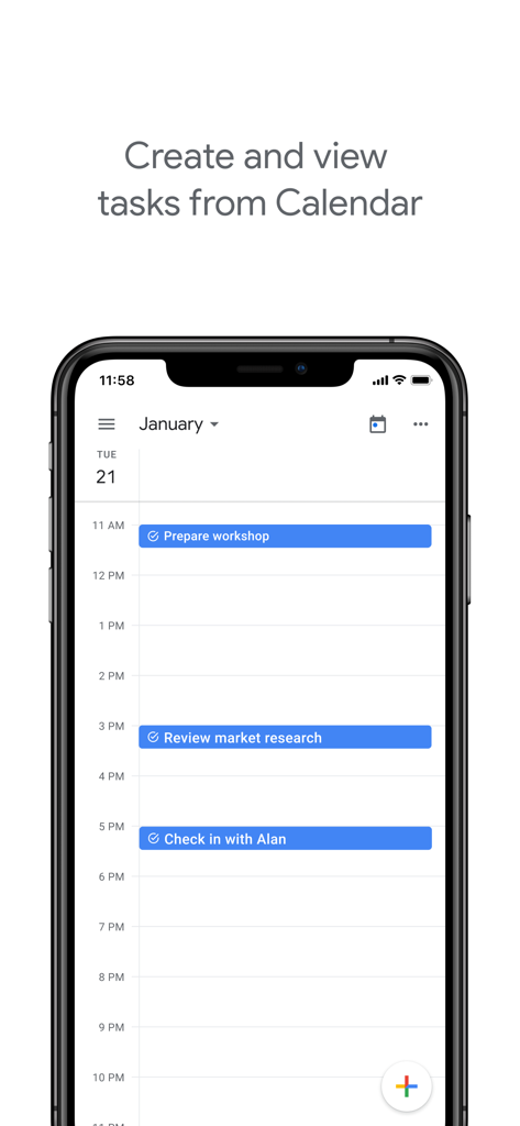 Smartphone screen displaying Google Tasks integrated with a daily calendar schedule
