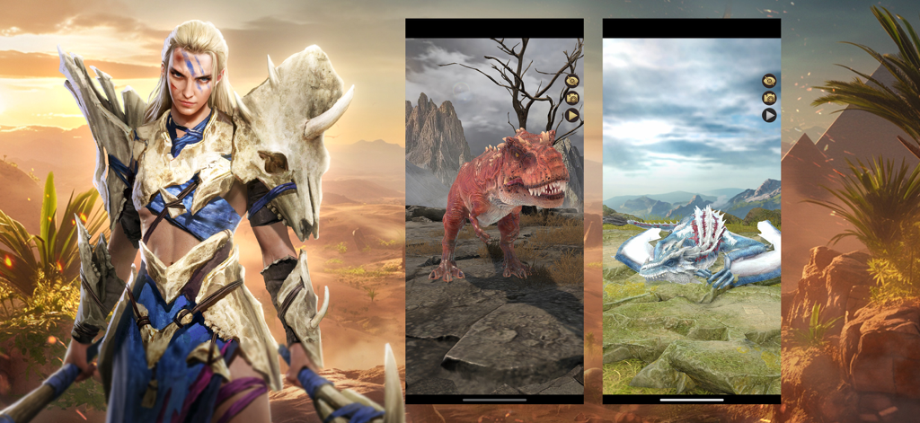 Una guerrera con armadura de huesos junto a capturas de pantalla de un T-Rex y un dragón azul del juego Savage Survival Jurassic Isle.