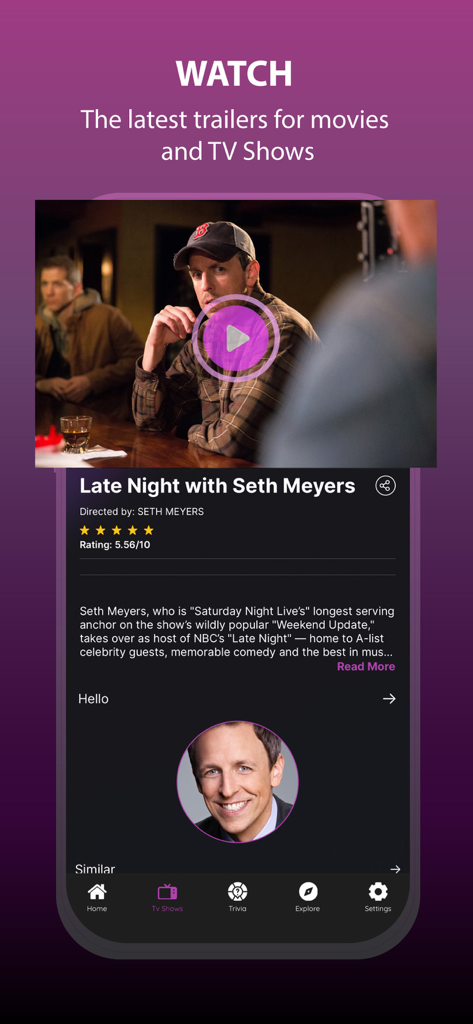 출연진 정보와 함께 영화 및 TV 쇼 예고편을 표시하는 Cinema HD 앱의 스크린샷