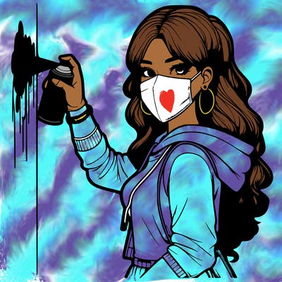realistic girl with mask spray painting a wall