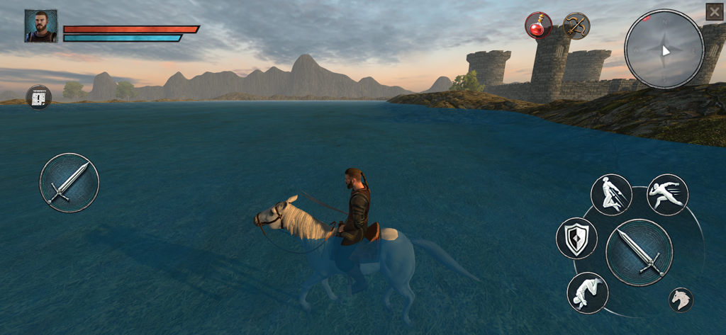 A character riding a white horse through water in the Ertugrul Gazi 2 mobile game