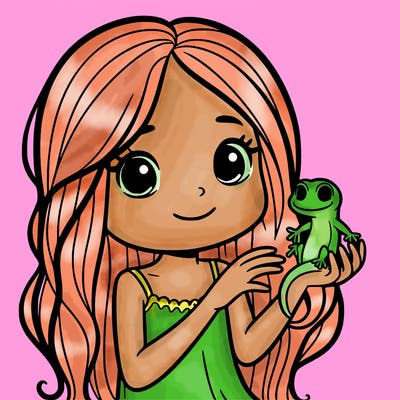 girl with long hair holding a gecko