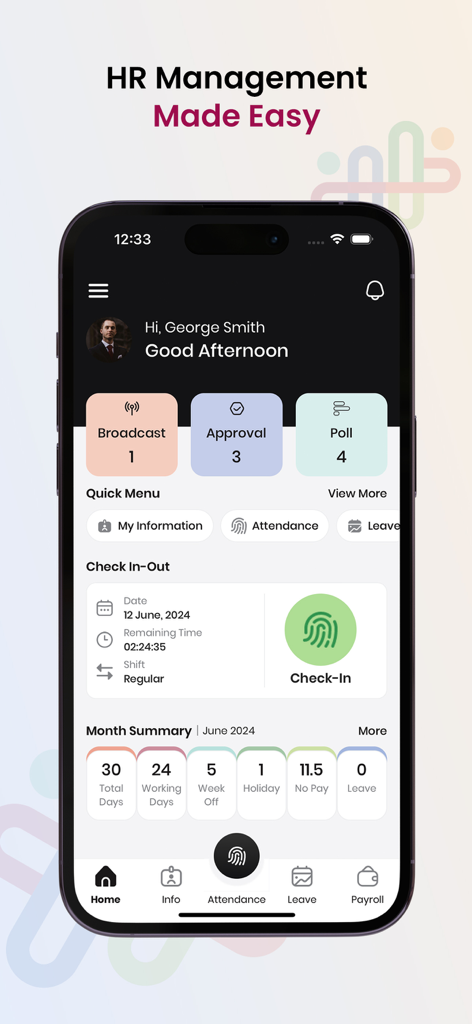 HR HUB mobile app dashboard displaying employee attendance check-in and monthly work summary