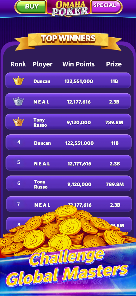 Omaha Poker™- Unlimited Play - Global leaderboard of top winners in Omaha Poker Unlimited Play mobile game showing player rankings and prizes