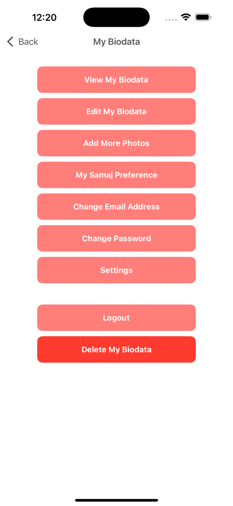 Screen showing options to view and edit biodata in the Patidar Vivah matrimony app