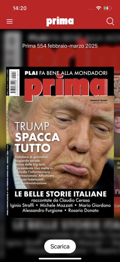 Prima Comunicazione - 도널드 트럼프가 표지에 있는 554호 Prima Comunicazione 앱의 디지털 잡지 표지를 보여주는 스크린샷.