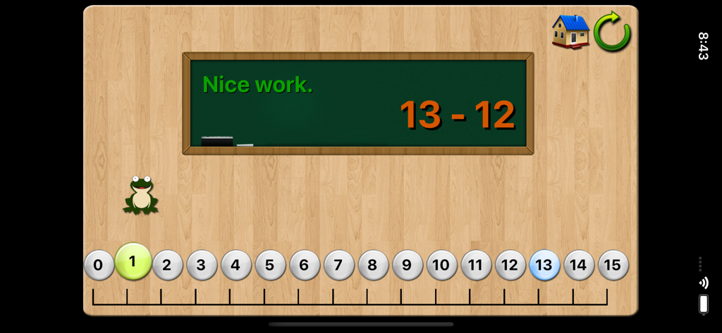 Number Lines School Edition - A classroom themed math screen showing a frog on a number line with a subtraction problem 13 minus 12 displayed on a chalkboard.