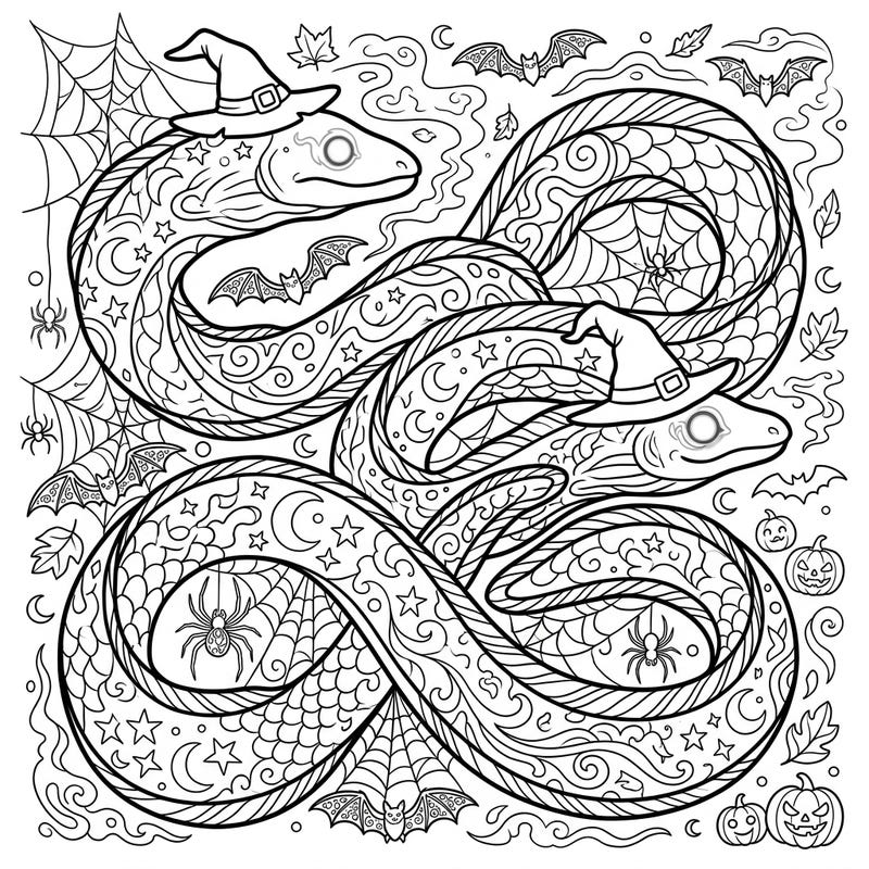 Unleash your creativity this Halloween with our captivating adult coloring page featuring enchanting eels dressed in witch hats. Explore a world of intricate details, from spooky bats and spiders to swirling mists and tiny pumpkins, perfect for a relaxing and festive coloring session.