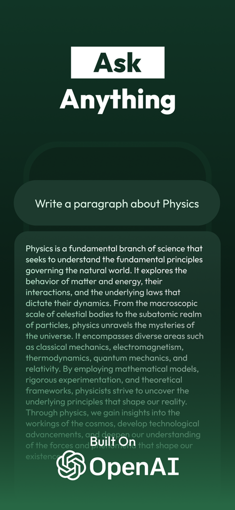 Aloy: Chat AI Assistant Helper - Aloy AI chatbot screen showing a response to a request to write a paragraph about physics