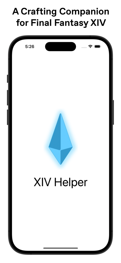 XIV Helper - Pantalla de bienvenida de XIV Helper en un iPhone con el logo del cristal azul y el subtítulo Un Compañero de Artesanía para Final Fantasy XIV
