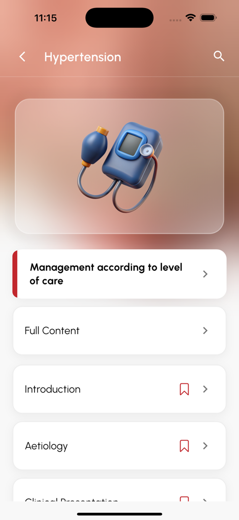 AkomaCare - Hypertension menu in the AkomaCare app featuring management guidelines and a blood pressure monitor illustration