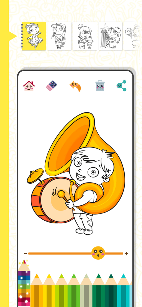Coloring book and learn - La interfaz de una aplicación de libro para colorear digital que muestra a un niño de dibujos animados tocando una tuba y un tambor con una fila de lápices de colores debajo.