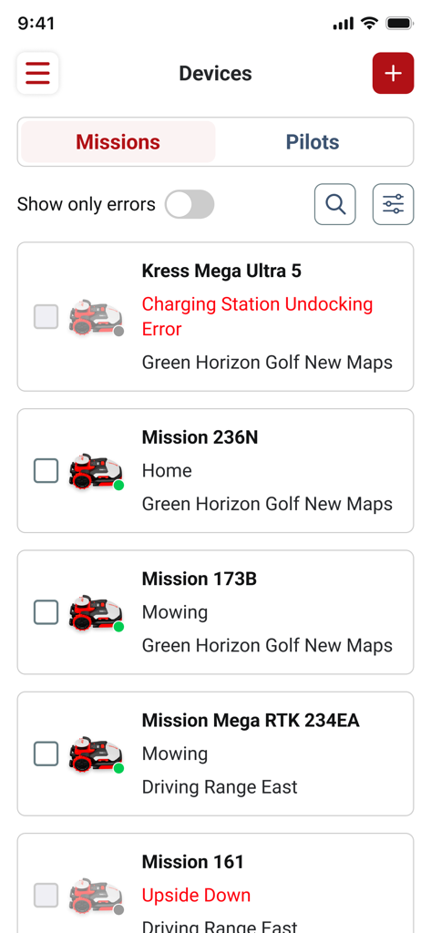 Kress Fleet - Dashboard of the Kress Fleet app showing a list of robotic mowers with their operational status and locations.