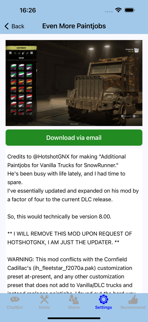 SnowR - DLC Cheat Mods Map(SR) - Pantalla de la aplicación SnowRunner que muestra un mod de pintura de camión con un botón de descarga por correo electrónico.