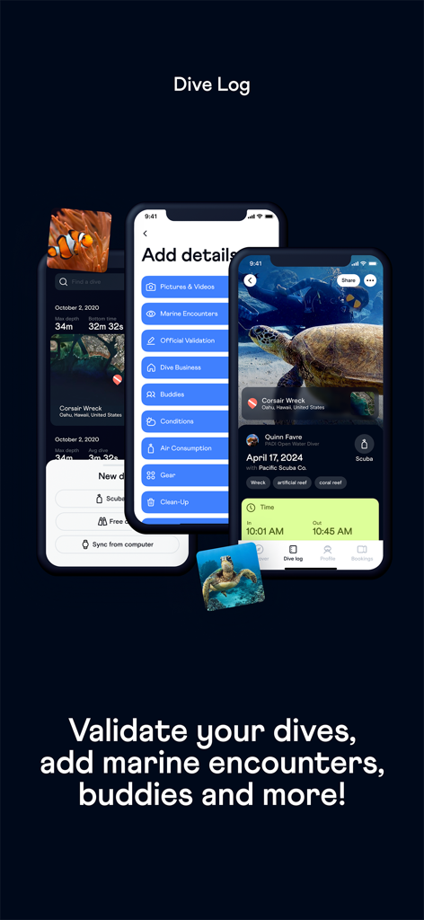 Digital dive log interface of the Buddy app showing marine encounter and validation features
