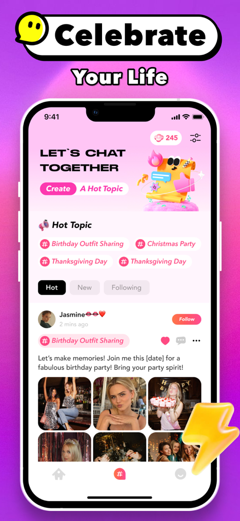 Gala - Feeds & Live Call - Interface of Gala app showing trending festive topics and a user feed with photos from a birthday celebration