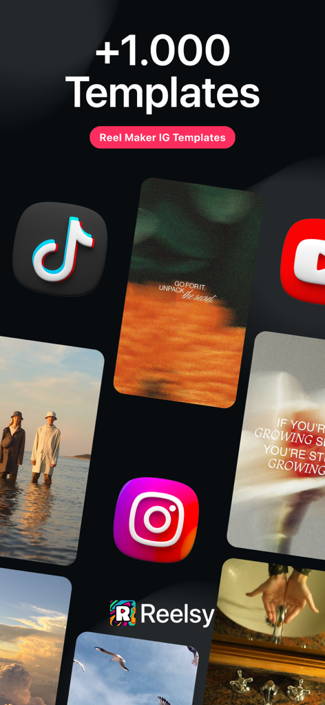 Reelsy Reel Maker IG Templates - Reelsy app display with over 1000 video templates for Instagram and TikTok