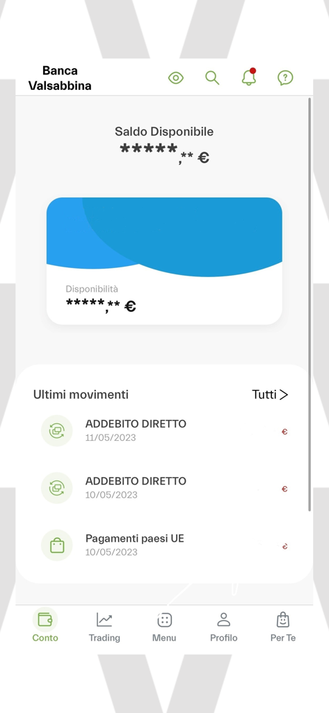 Dashboard de La ValsabbinApp che mostra il saldo del conto e le transazioni bancarie recenti
