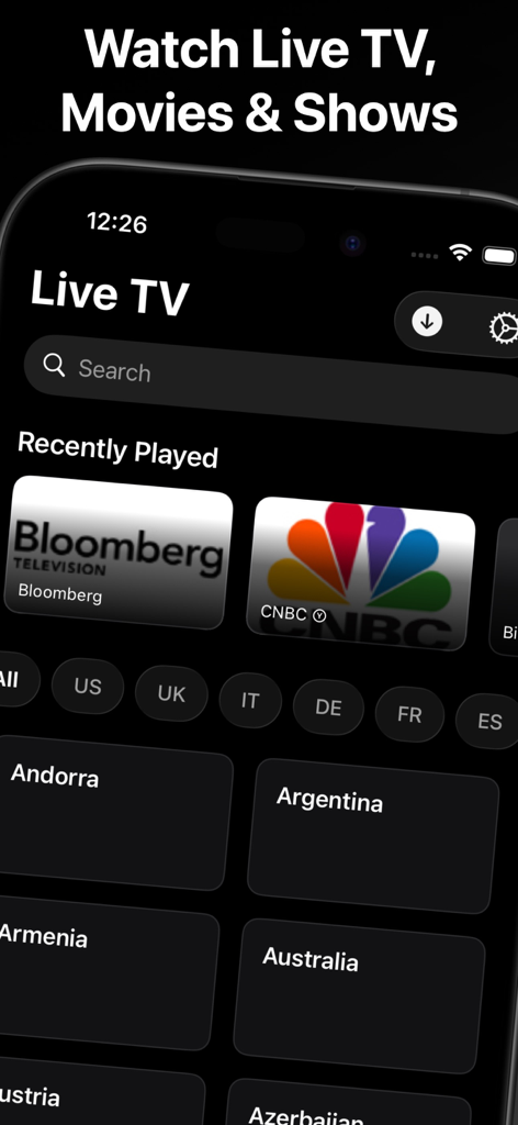 IPTV Pro - Smart Player - IPTV Pro Smart Player-Oberfläche, die Live-TV-Kanäle und internationale Kategoriefilter anzeigt