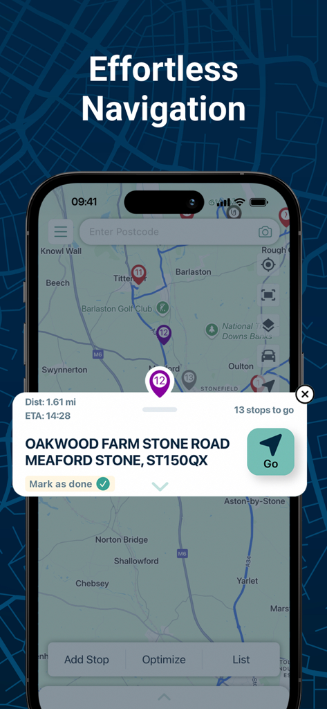 Mobile app interface of Delm8 showing a pinpoint delivery address on a map with navigation details and route optimization buttons