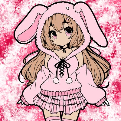 pretty anime girl wearing a fluffy hoodie with bunny ears on the hood and a skirt