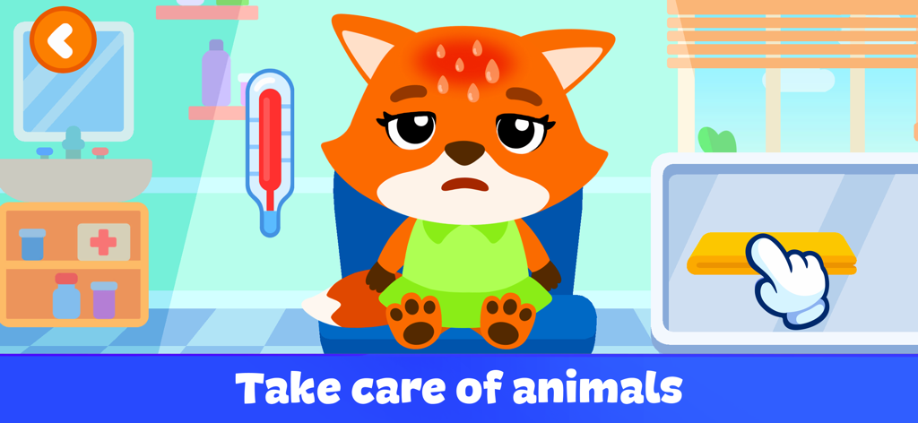 Pet Doctor - Games for Kids - ペット病院で、体温計と湿布で治療を受けている熱のある漫画のキツネ