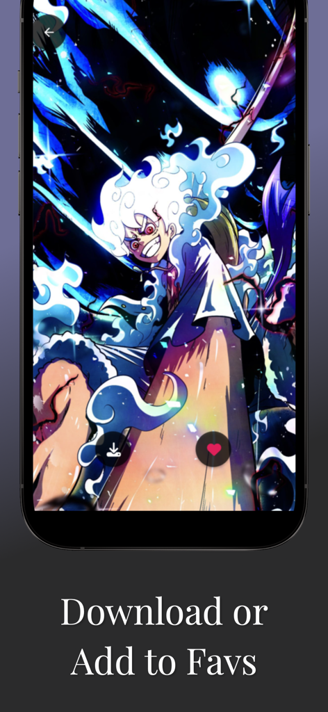 EdgeAura: Wallpaper AI - Pantalla del iPhone mostrando un fondo de pantalla de personaje de anime con opciones para descargar o agregar a favoritos.