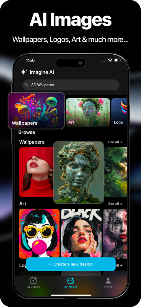 Imagine AI: AI Video Generator - AI 생성 이미지, 월페이퍼, 디지털 아트 컬렉션을 보여주는 Imagine AI 모바일 앱 인터페이스.
